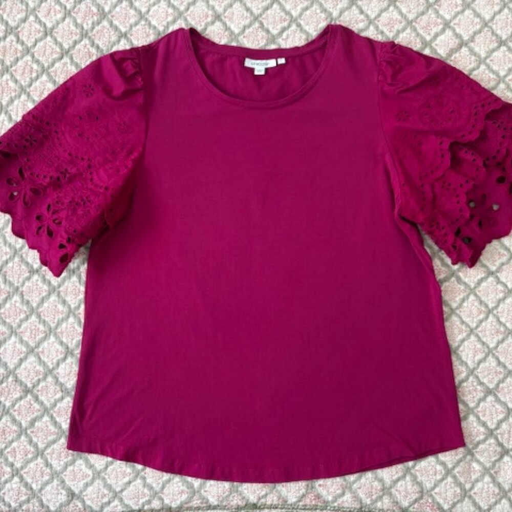 Chico's- Mixed fabric Fuchsia casual shirt with unique bell sleeves size 2